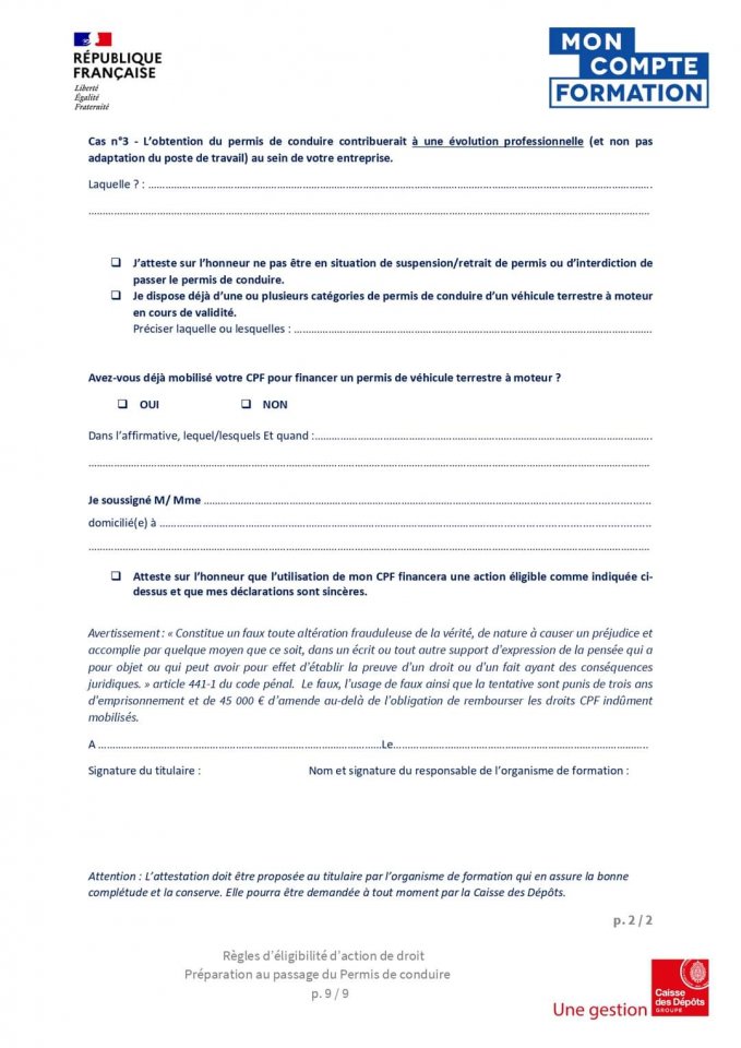 Déclaration sur l'honneur (2)